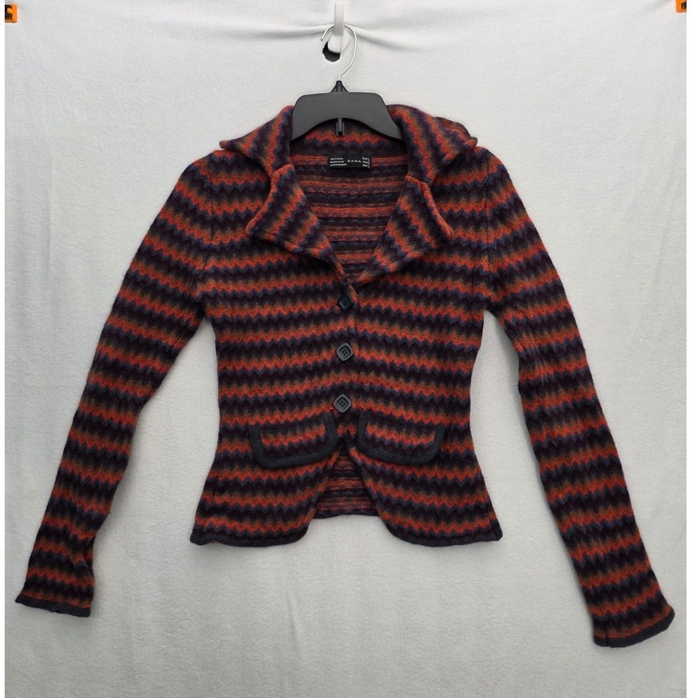 Zara Wool Chevron Knit Cardigan Sweater M Multi Color Zigzag Notch Lapel Boho